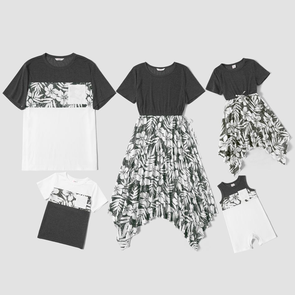 Mosaic Solid Stitching Floral Print Family Matching Sets Black/White