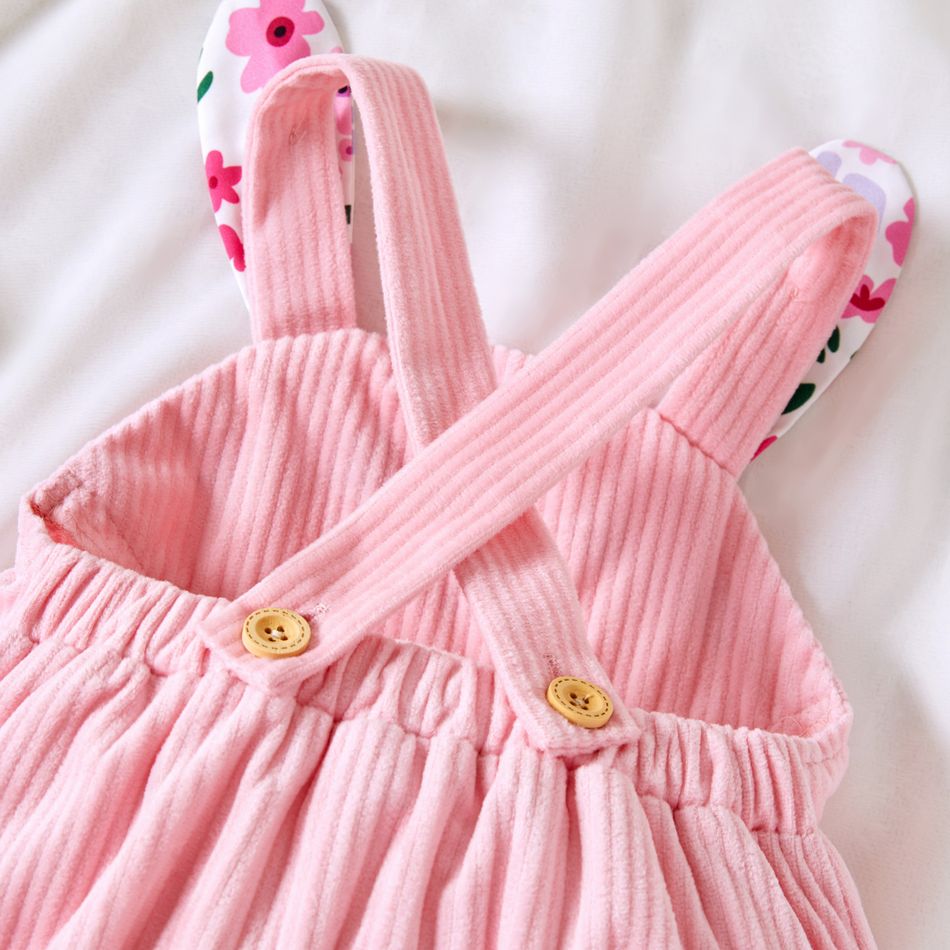 Baby Girl Pink Corduroy Rabbit Floral Print Suspender Jumpsuits Pink big image 6