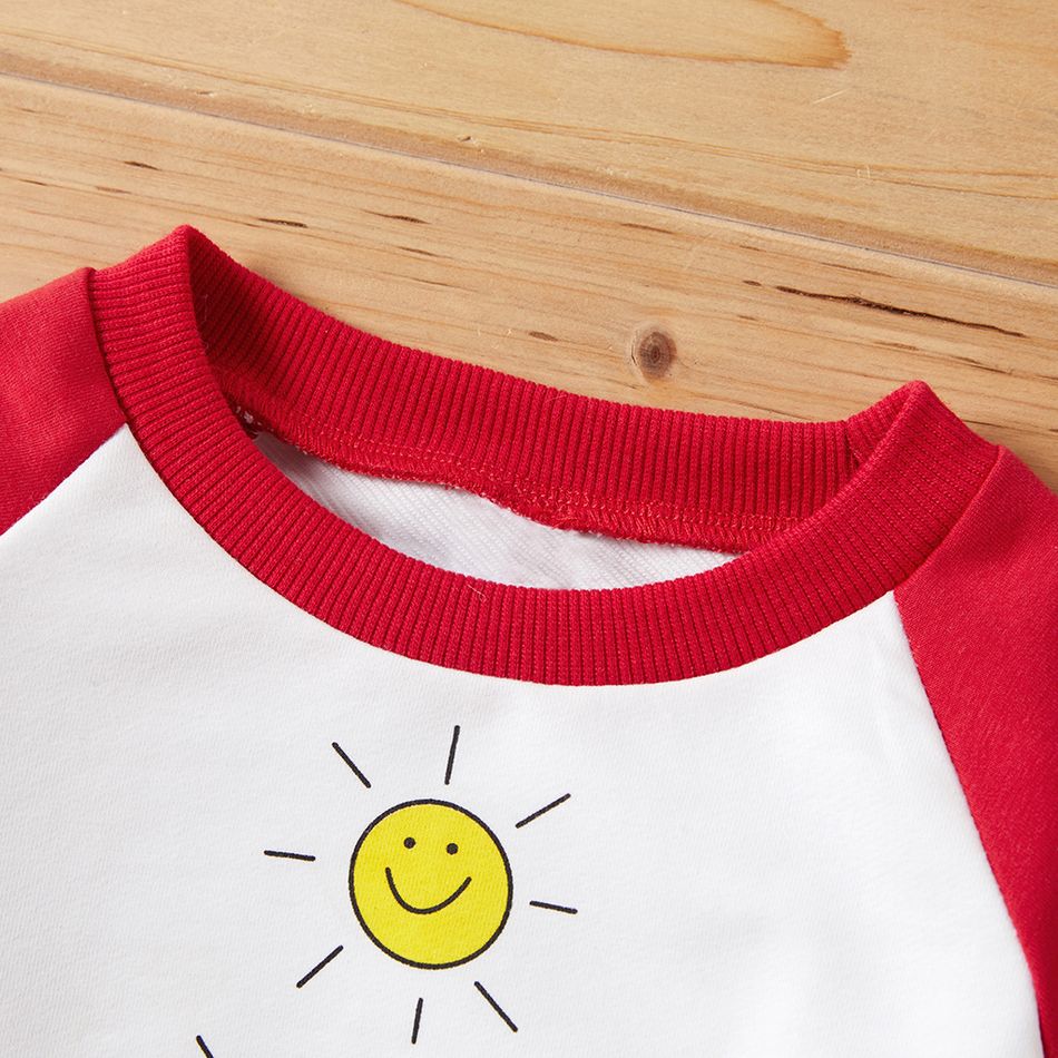 Letter and Sun Print Long-sleeve Red and White Baby Pullover Top White big image 2