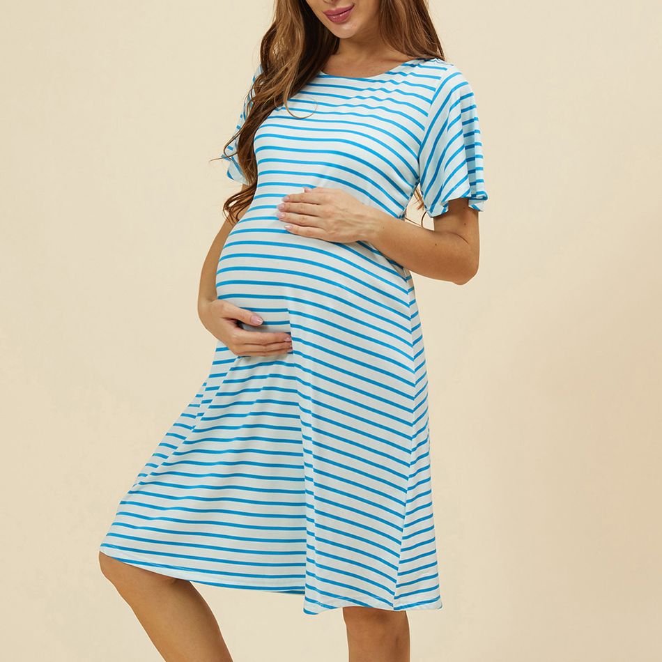 Maternity casual Stripes Print Round collar Short-sleeve Dress Light Blue