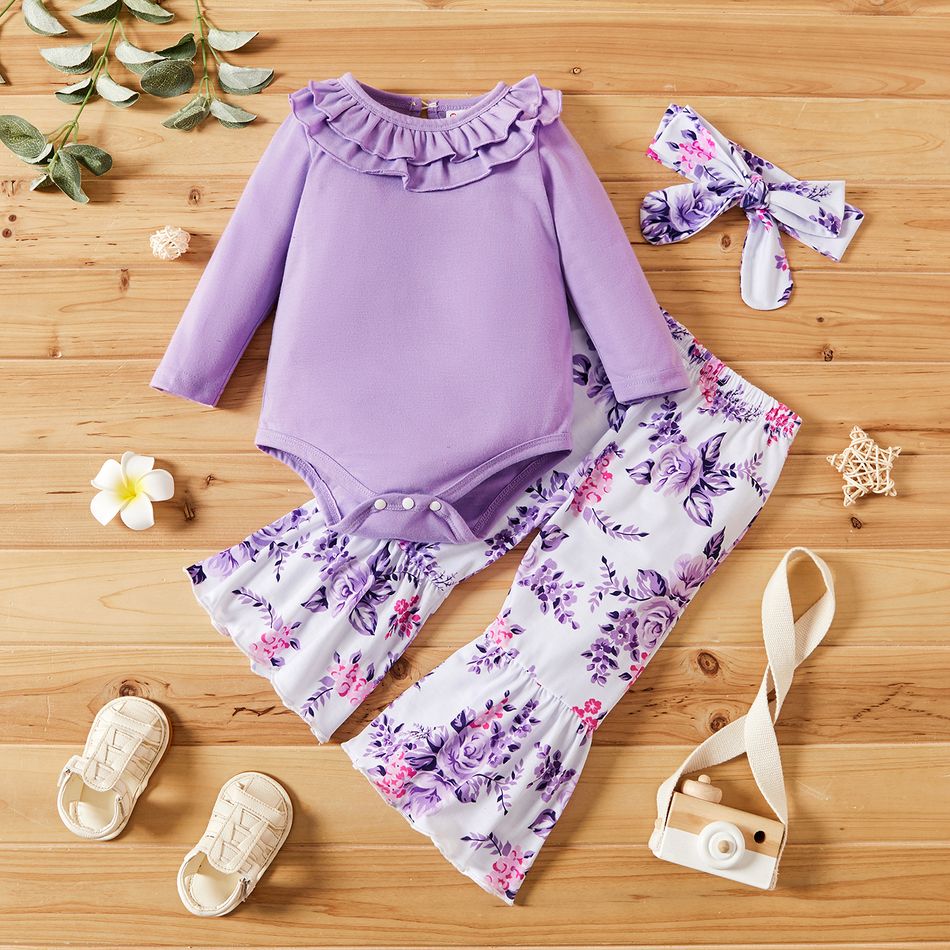 3-piece Baby Girl Ruffle Collar Long-sleeve Solid Romper, Floral Print Flared Pants and Headband Set Lavender