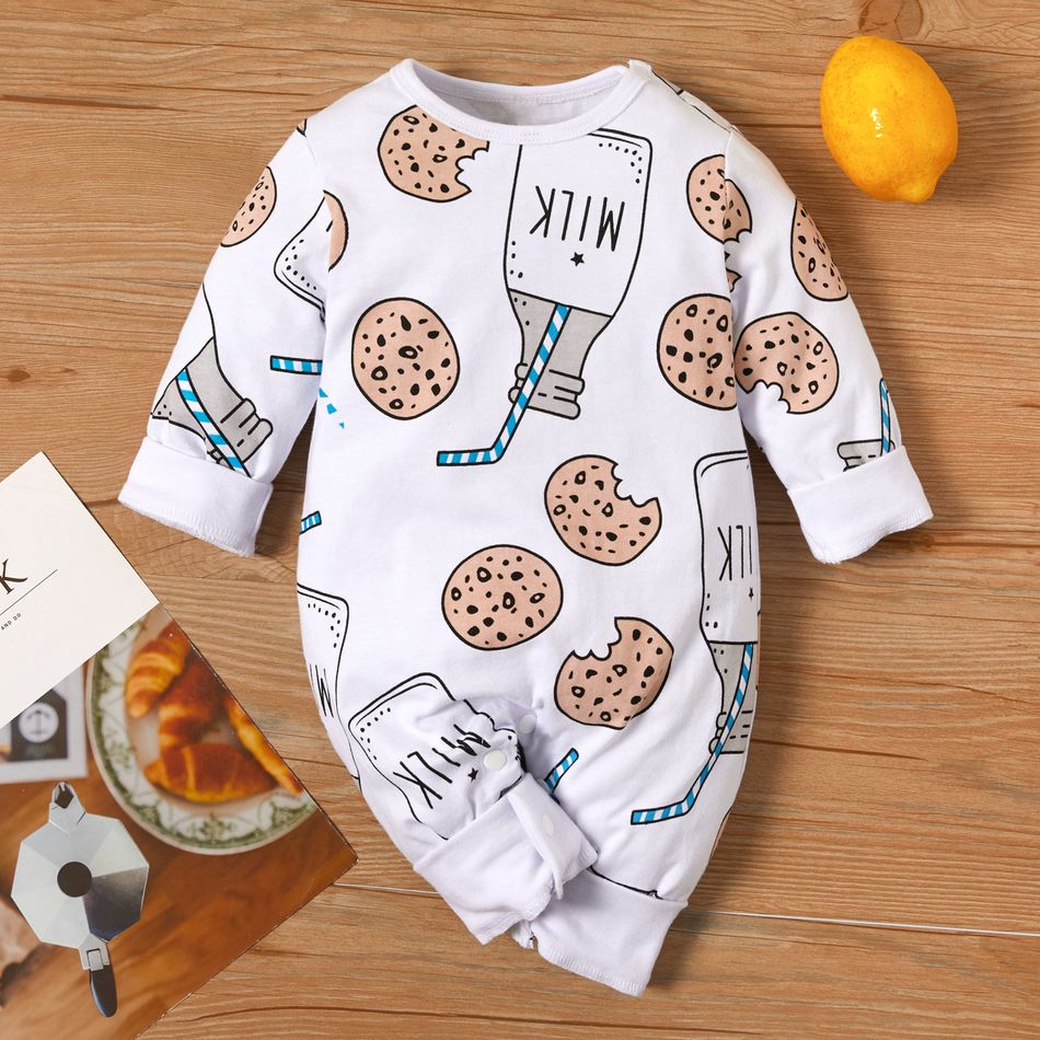 Milk and Cookie Print Long-sleeve White Baby Jumpsuit White