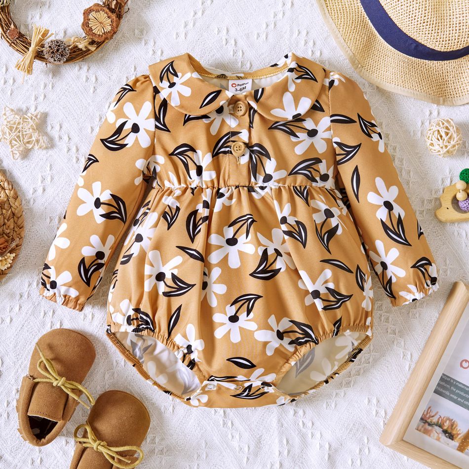 Baby Girl 100% Cotton Solid Brown/Floral Print Doll Collar Long-sleeve Romper Color block