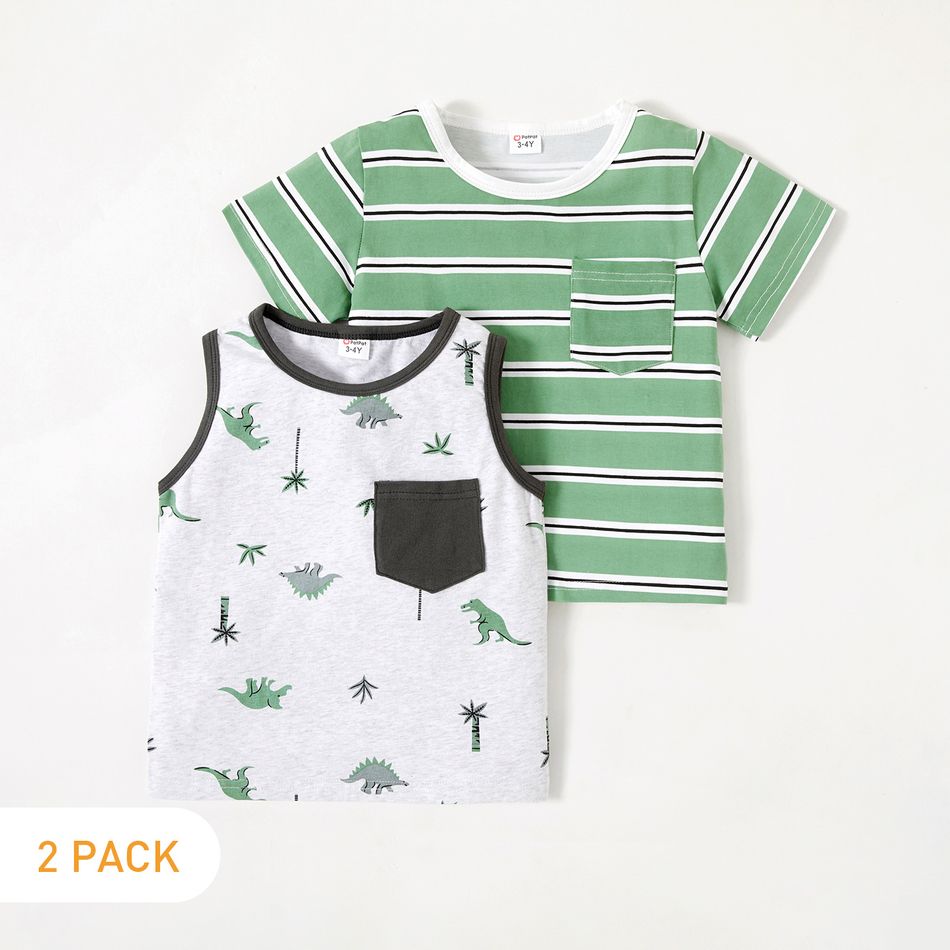 2-Pack Toddler Boy Summer Dinosaur and Striped Top Color block