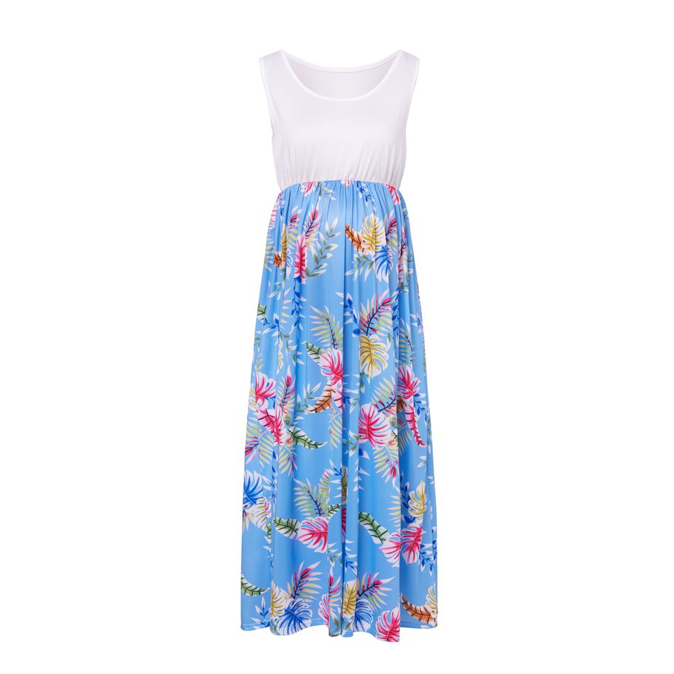 Stylish Floral Printed Sleeveless Maternity Maxi Dress Light Blue