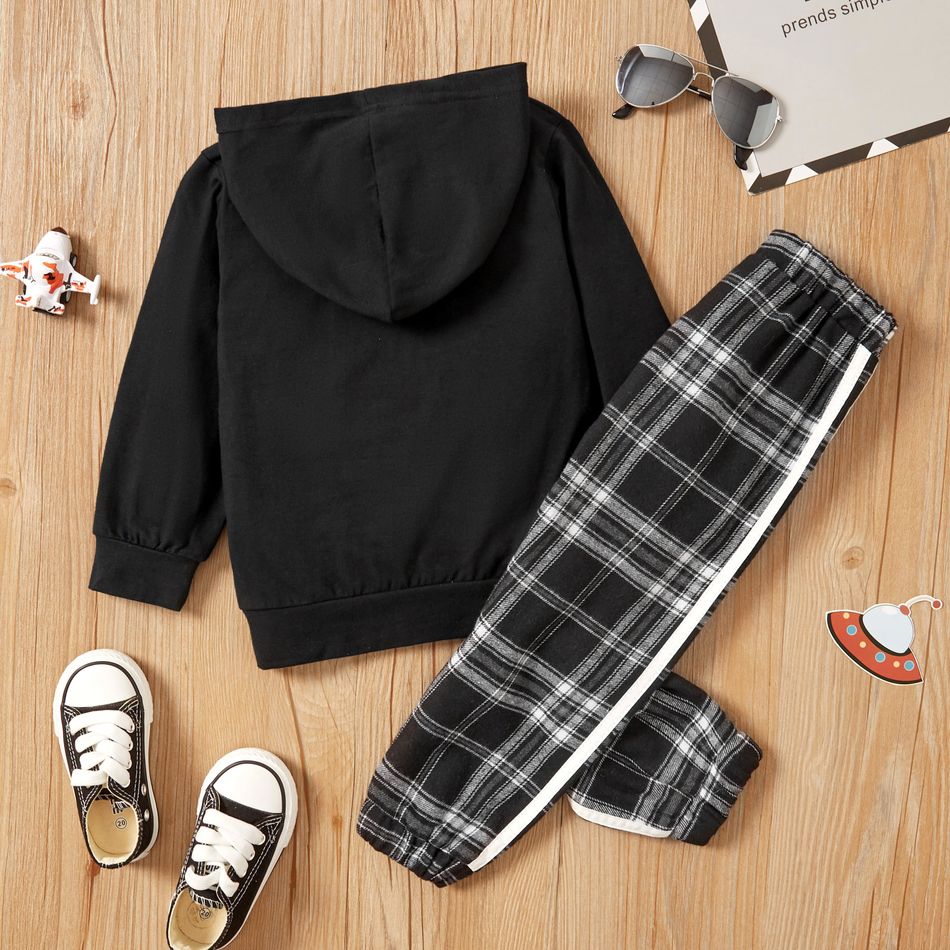 2-piece Baby / Toddler Letter Hooded Pullover and Plaid Pants Set Black big image 2
