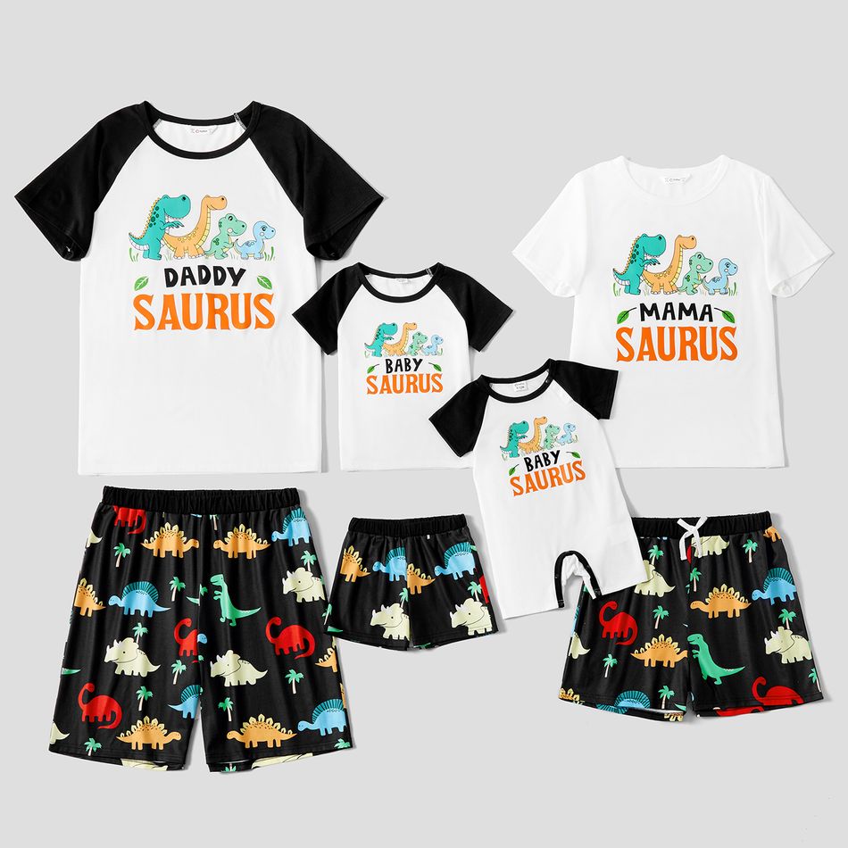Dinosaur Letter Print Color Block Family Matching Pajamas (Flame resistant) Black/White