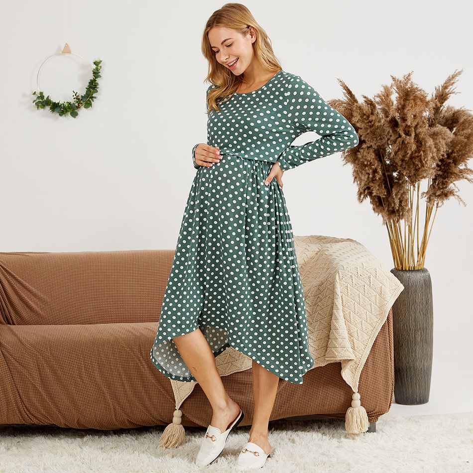 Maternity Round collar Polka dot full print Green/White Knee length A Long-sleeve Nursing Dress Green/White