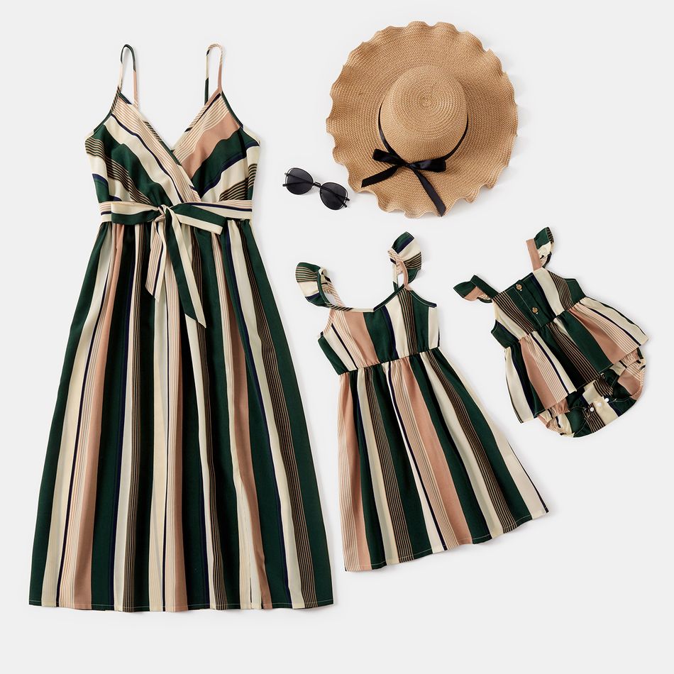 Stripe Print Sleeveless Matching Midi Sling Dresses Multi-color