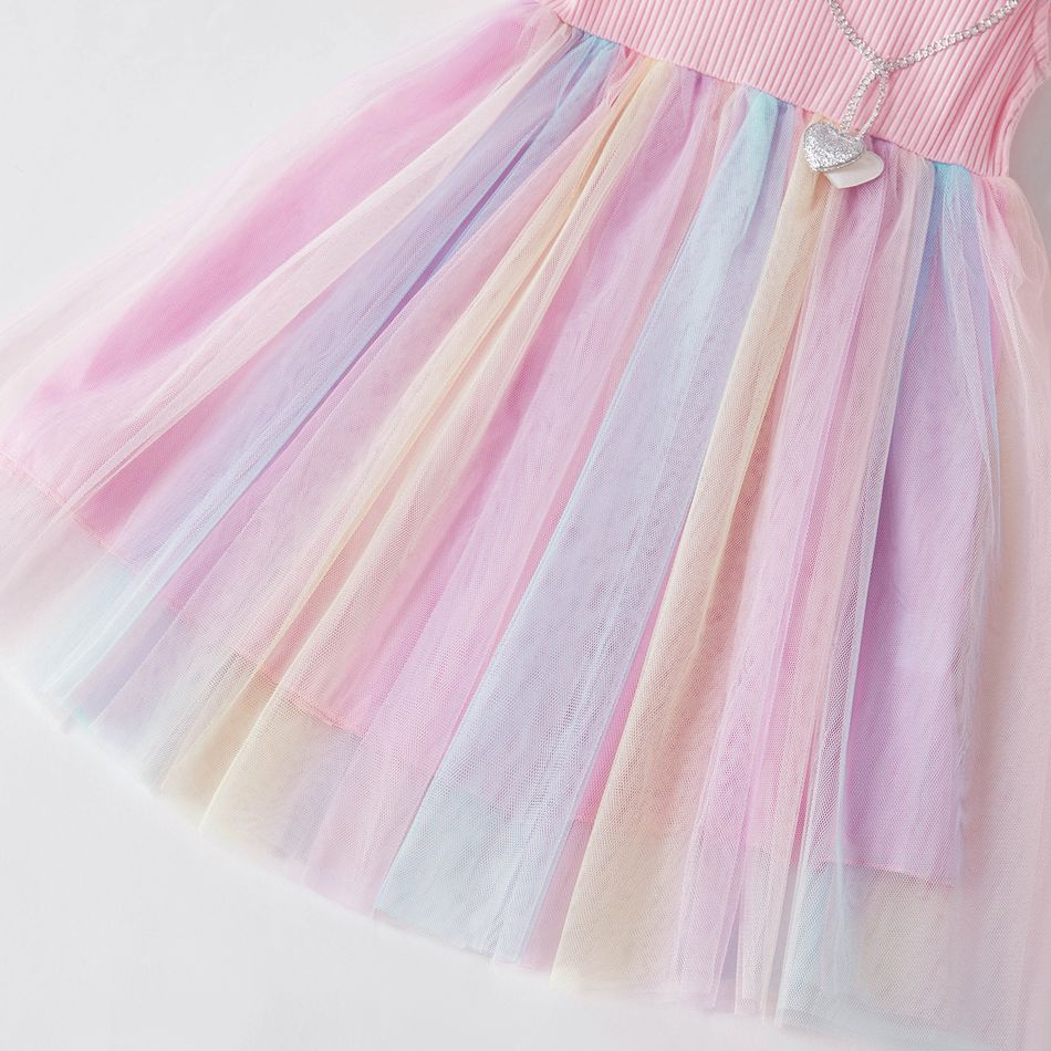 Beautiful Kid Girl Princess Fly Sleeve Heart Rainbow Mesh Party Dress Pink big image 5
