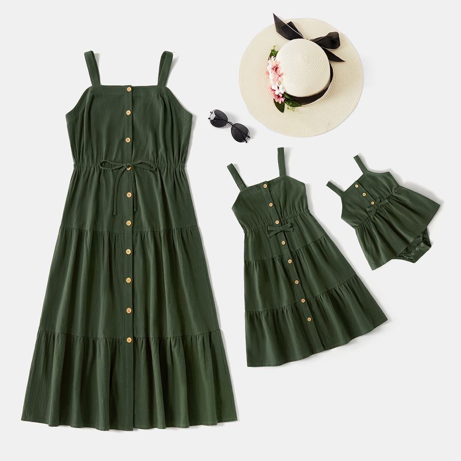 100% Cotton Solid Color Matching Sling Midi Dresses Dark Green