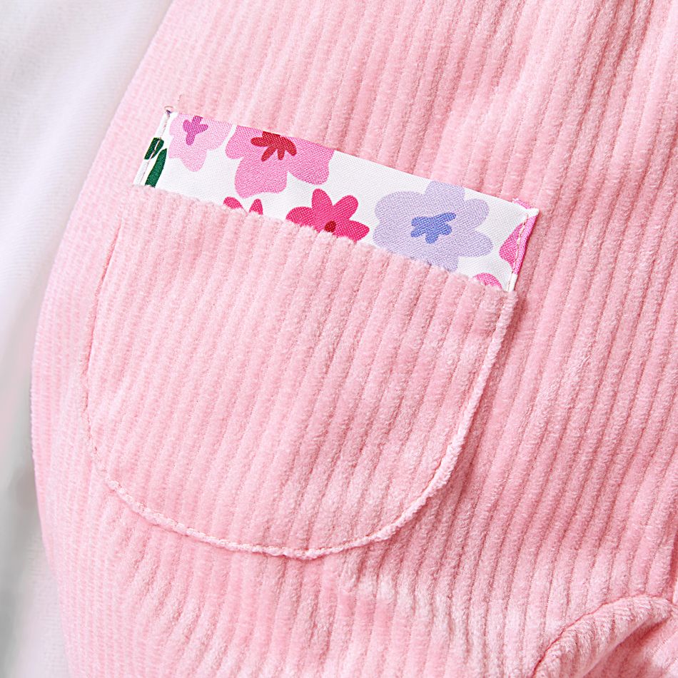 Baby Girl Pink Corduroy Rabbit Floral Print Suspender Jumpsuits Pink big image 3