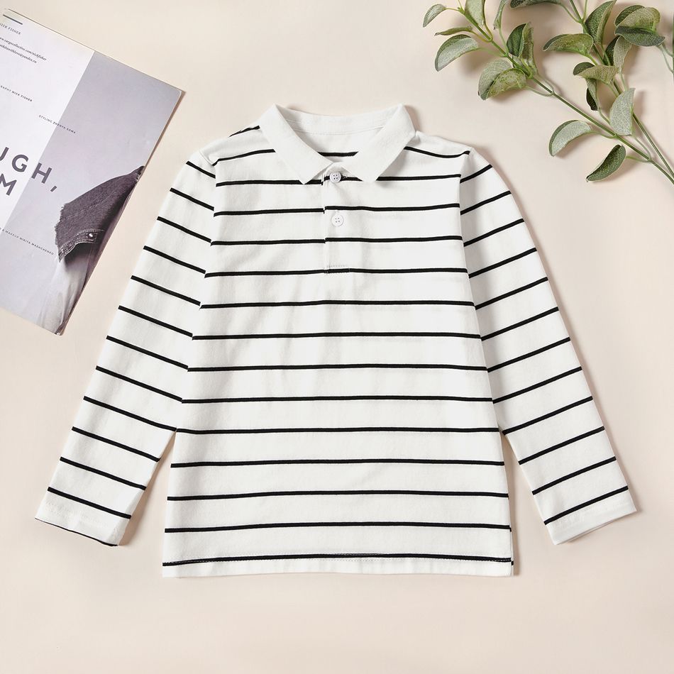 Fashionable Striped Button Lapel Collar Longsleeves Polo Shirts White