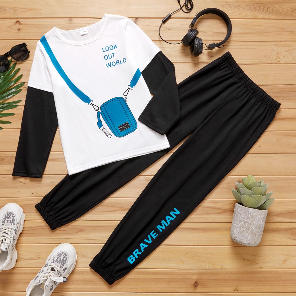 2-piece Kid Boy Bag Letter Print Colorblock Long-sleeve Top and Elasticized Solid Pants Set Black/White