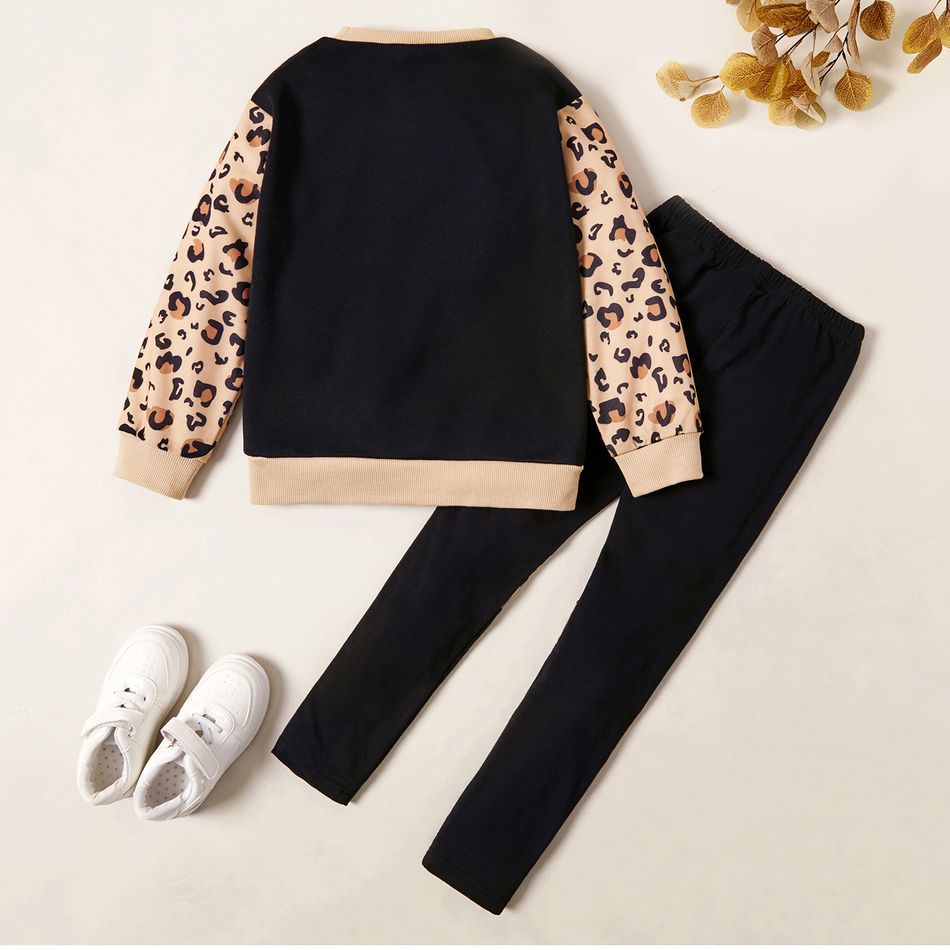 2-piece Kid Girl Letter Leopard Print Front-pocket Sweatshirt and Pants Set Khaki big image 4