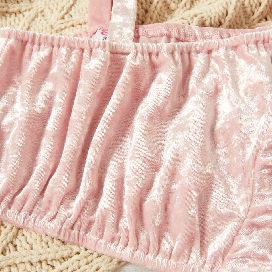 2-piece Toddler Girl One Shoulder Ruffled Strap Top and Bowknot Decor Elasticized Shorts Velvet Set Pink big image 4