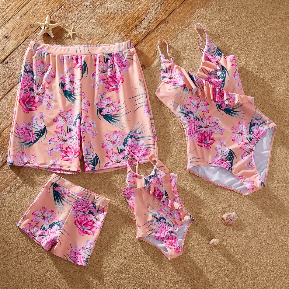 Floral Print Family Matching Swimsuits Pink