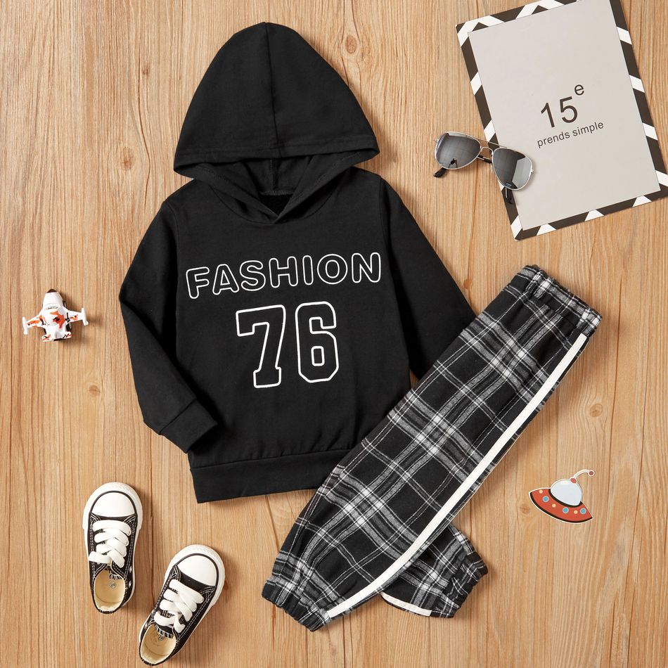 2-piece Baby / Toddler Letter Hooded Pullover and Plaid Pants Set Black