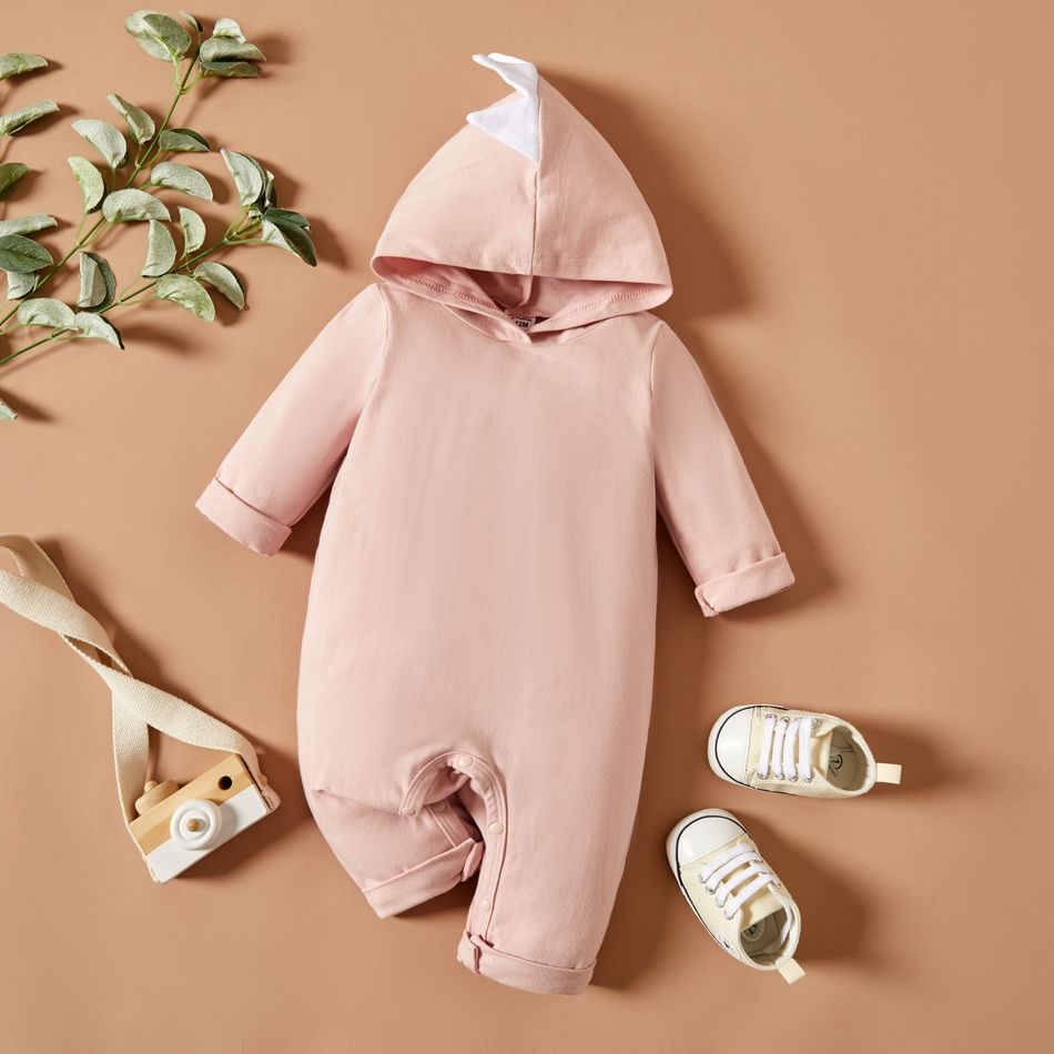 Solid Dinosaur Design Hooded Long-sleeve Baby Jumpsuit Pink