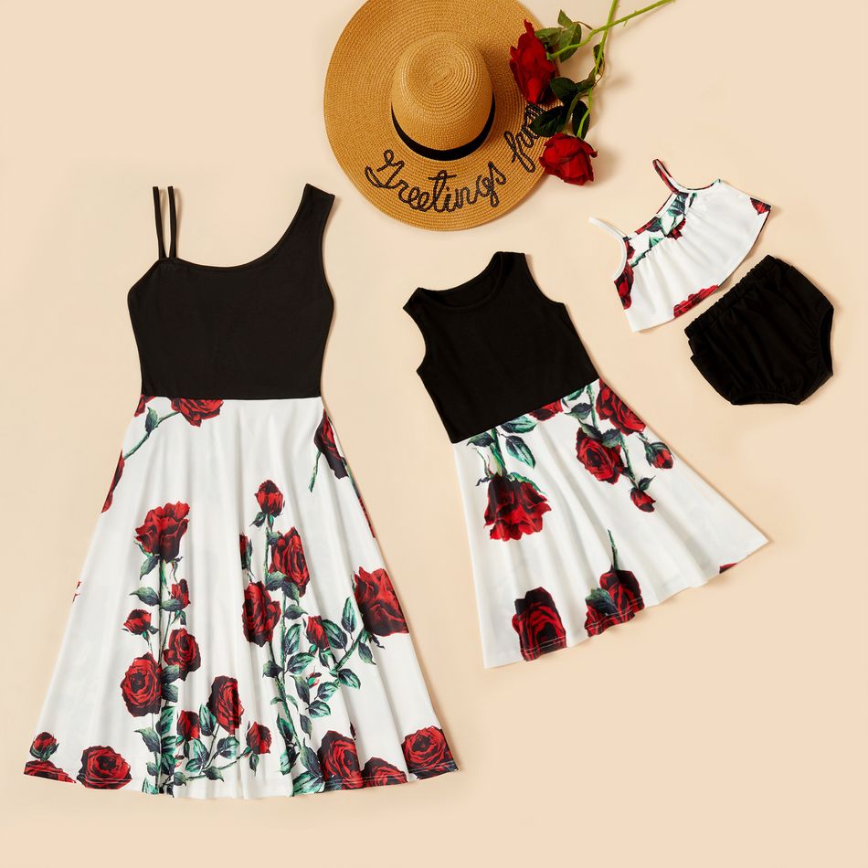 Red Roses Print Tank Dresses for Mommy and Me Black