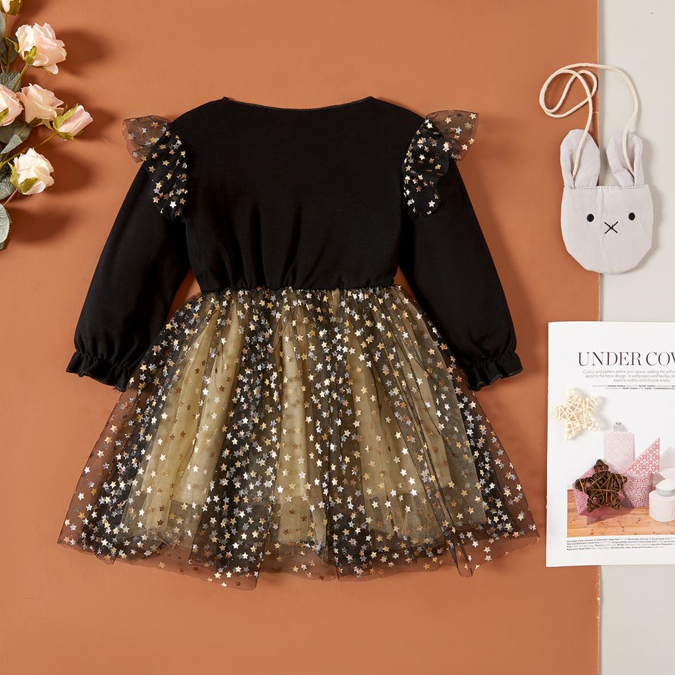 1-piece Toddler Girl Star Glitter Design Mesh Splice Dress/ Elasticized Leggings Black big image 2