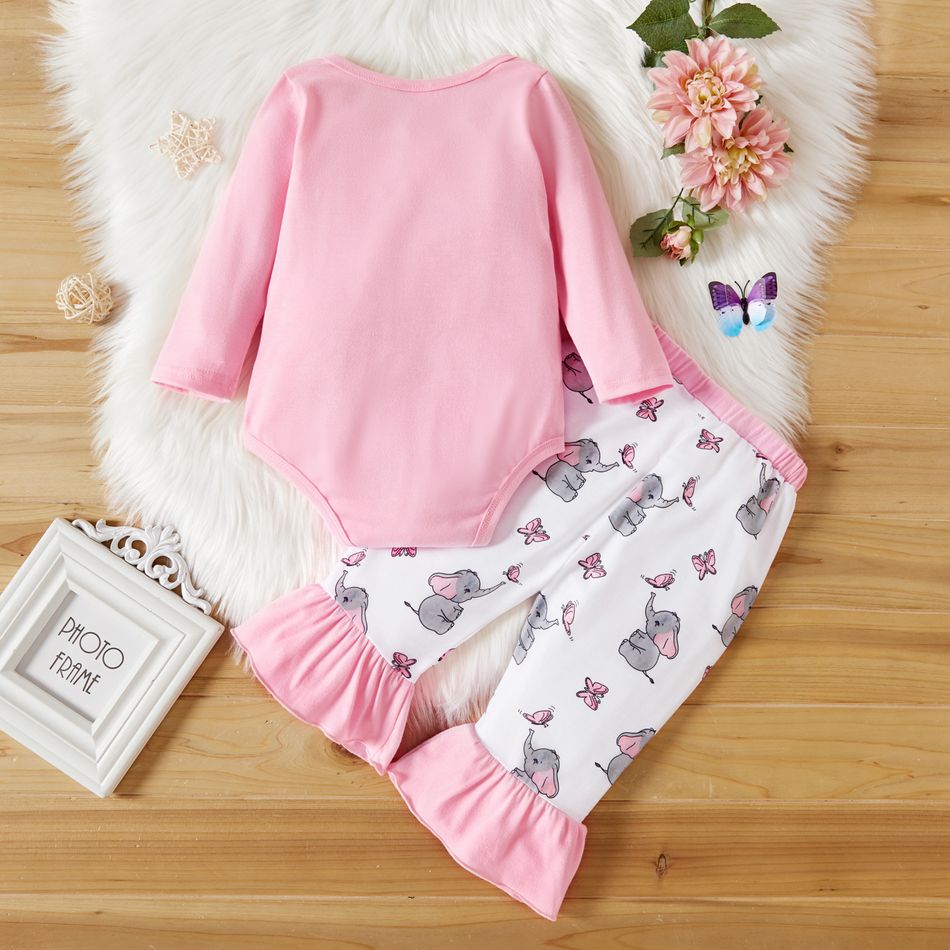 2-piece Baby Girl Elephant Butterfly Letter Print Long-sleeve Bodysuit Romper and Mermaid Tail Pants Set Pink big image 2