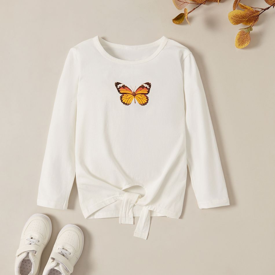 Trendy Butterfly Print Strappy Longsleeves Tee White