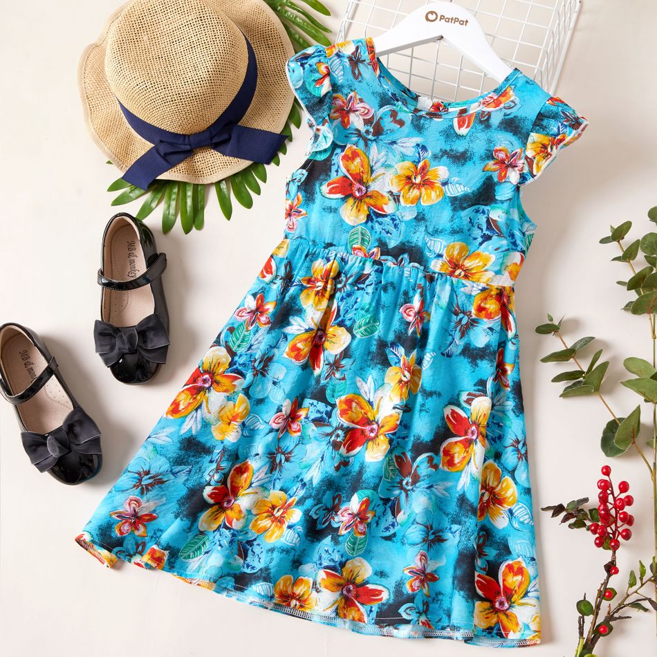 Beautiful Kid Girl Flutter-sleeve Floral Print Dress Turquoise big image 1