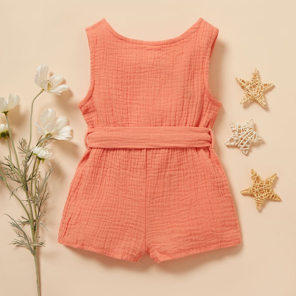 Baby Girl 95% Cotton Crepe Sleeveless Button Up Belted Romper Light Pink big image 4