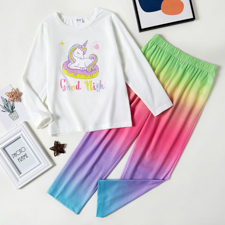 2-piece Kid Girl Pajamas Set, Unicorn Letter Print Long-sleeve Top and Gradient Colorblock Pants Sleepwear Set Multi-color