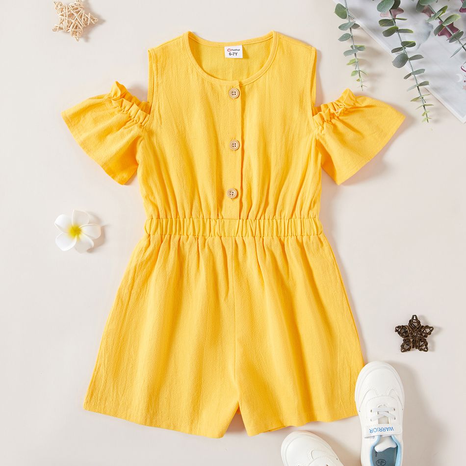 Kid Girl Short-sleeve Solid 100% Cotton Rompers Yellow