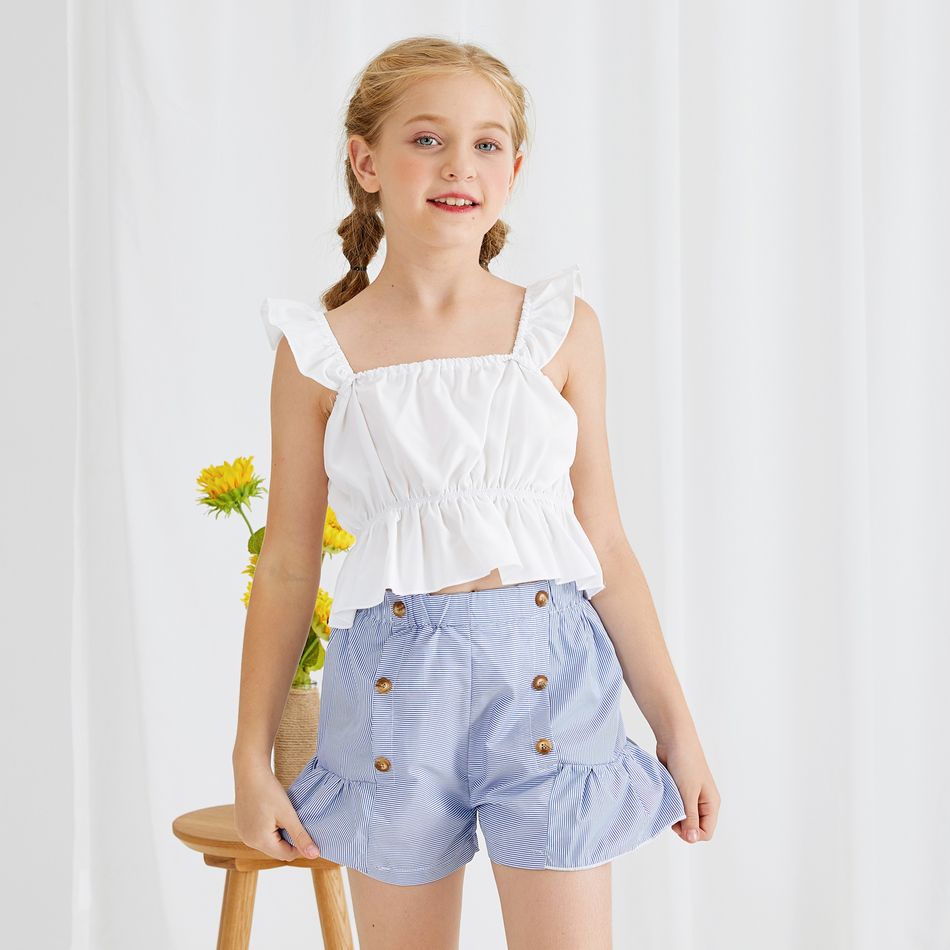 Beautiful Kid Girl 2-piece Flutter-sleeve Ruffled Stripe Print Shorts Suits White big image 6