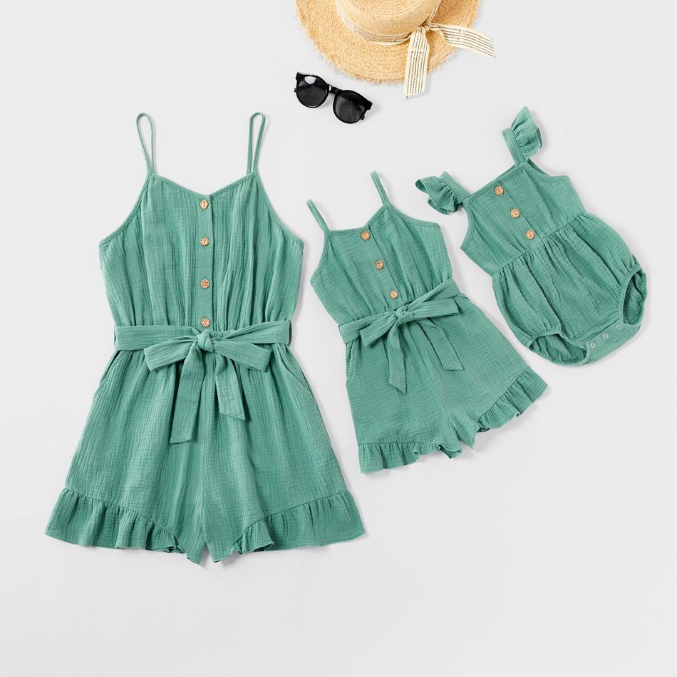 Mommy and Me 100% Cotton Ruffle Solid Sleeveless Rompers Green