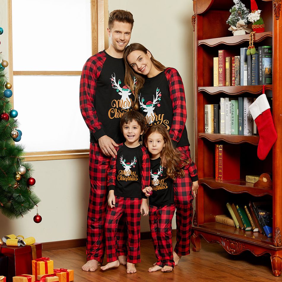 Merry Christmas Letter Antler Print Plaid Splice Matching Pajamas Sets for Family (Flame Resistant) Red