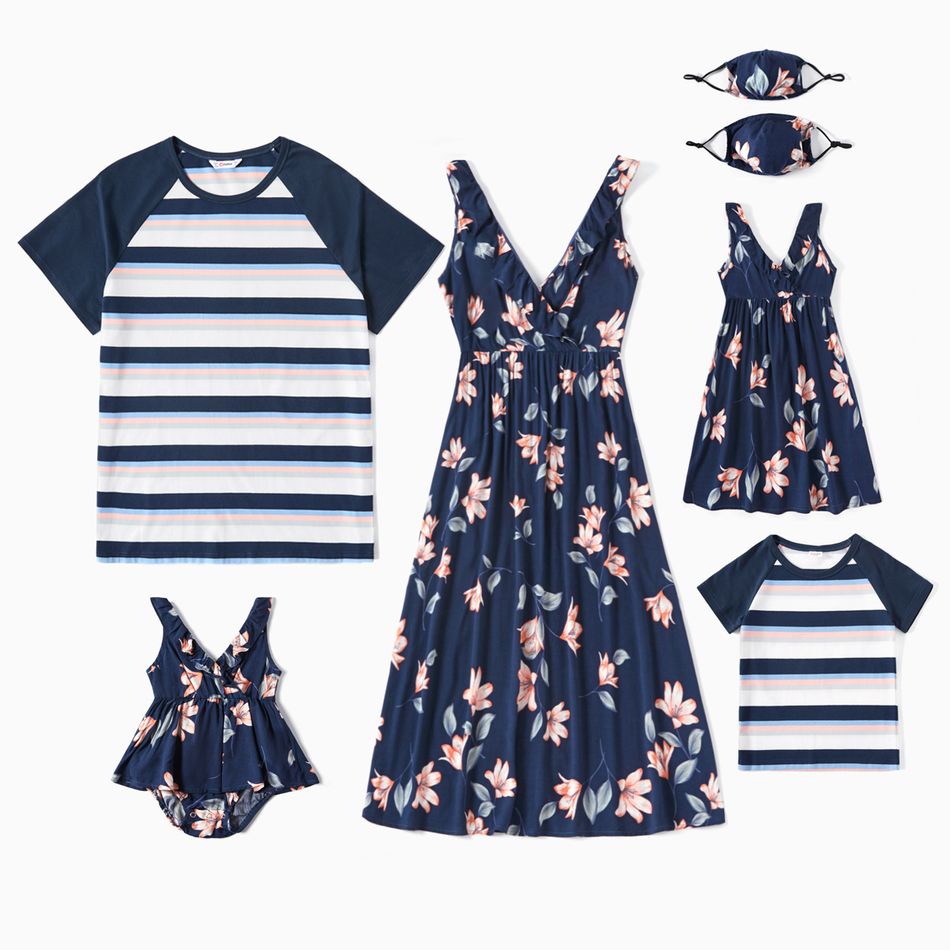 Mosaic Floral Print and Stripe Family Matching Sets Royal Blue