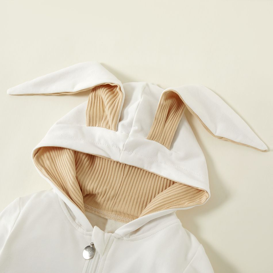 100% Cotton Color Block Hooded 3D Rabbit Ear Design Baby Jumpsuit White big image 4