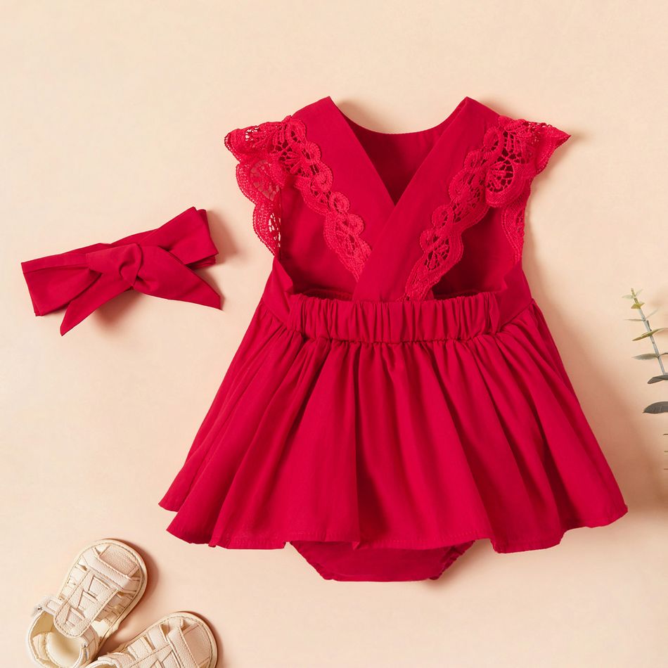 100% Cotton Lace decor Flutter-sleeve Red Baby Set Red big image 6