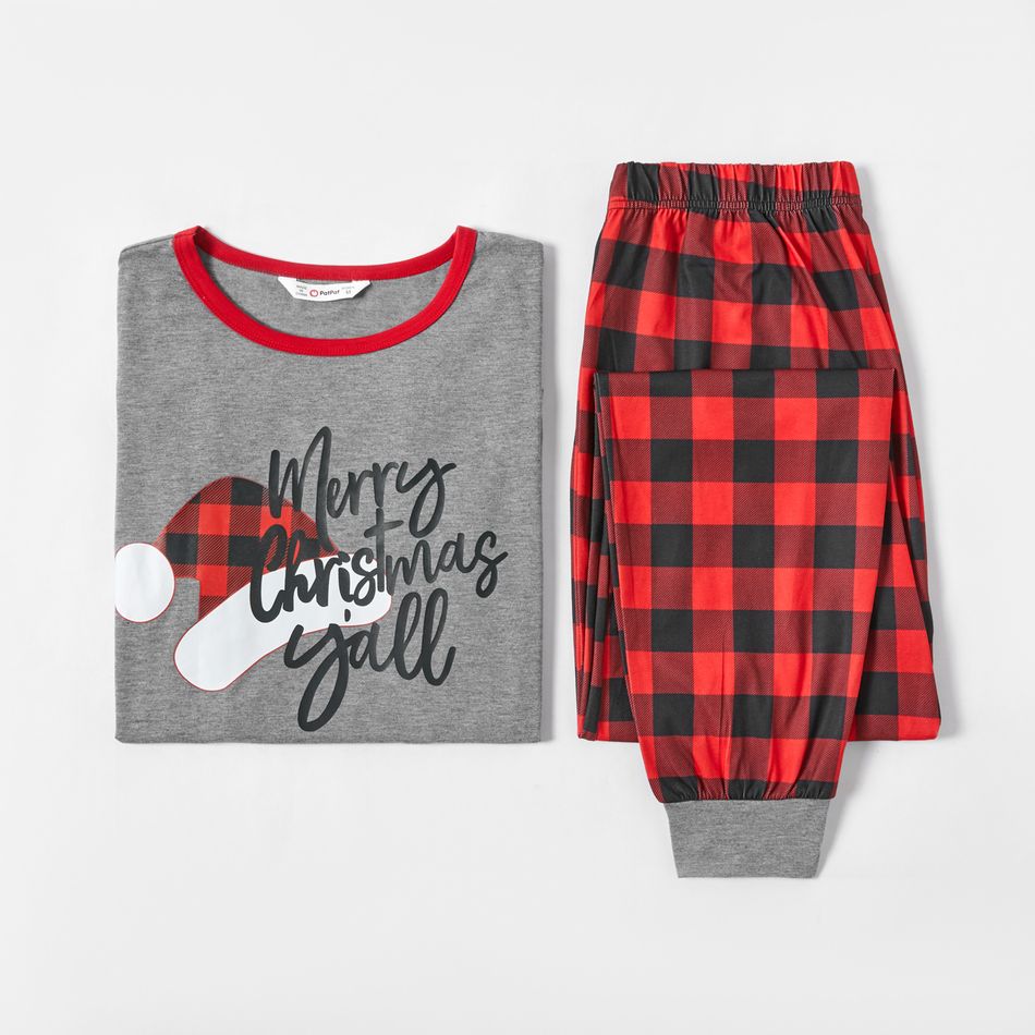 Family Matching Christmas Hat Print Short-sleeve Top and Plaid Pants Pajamas Sets (Flame Resistant) Grey big image 3