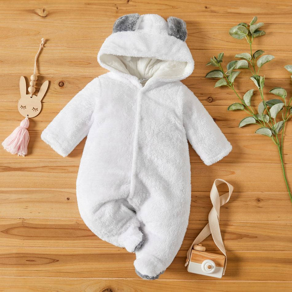 Solid Hooded 3D Bear Design Long-sleeve Baby Jumpsuit White big image 3