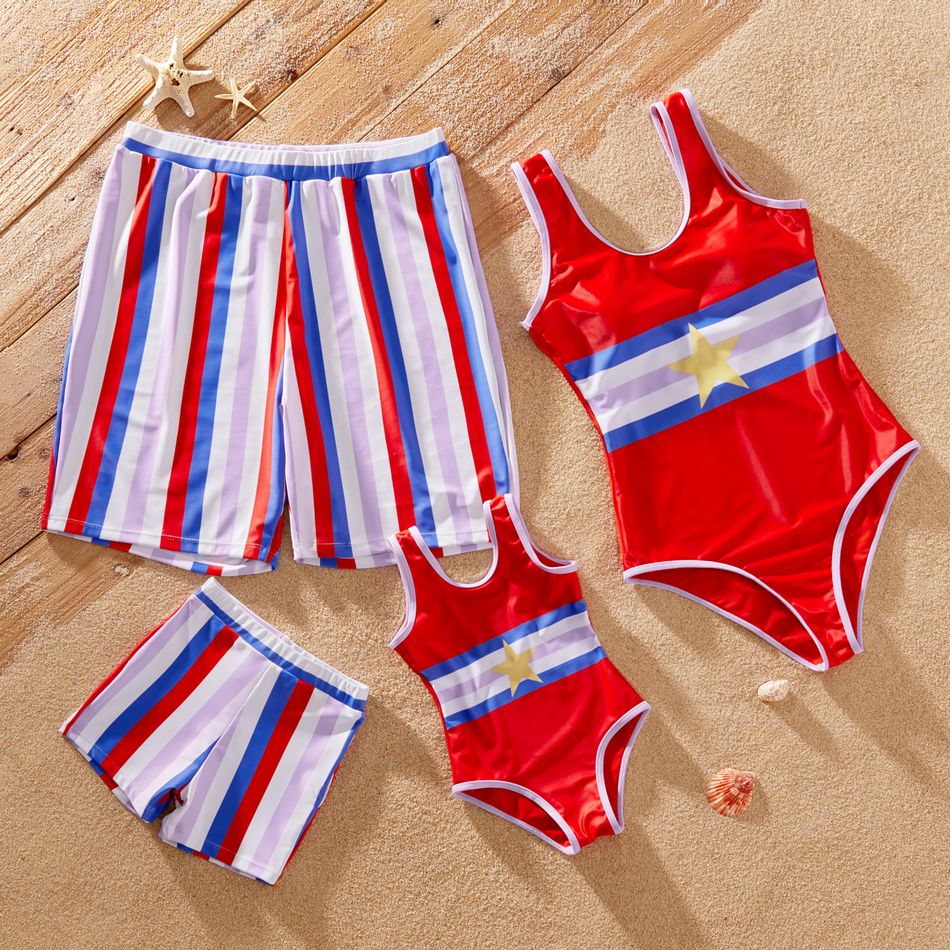 Stripe and Star Print Color Block Family Matching Red Swimsuits Red