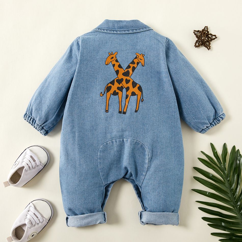 Denim Giraffe Print Polo Collar Long-sleeve Baby Jumpsuit Light Blue big image 3