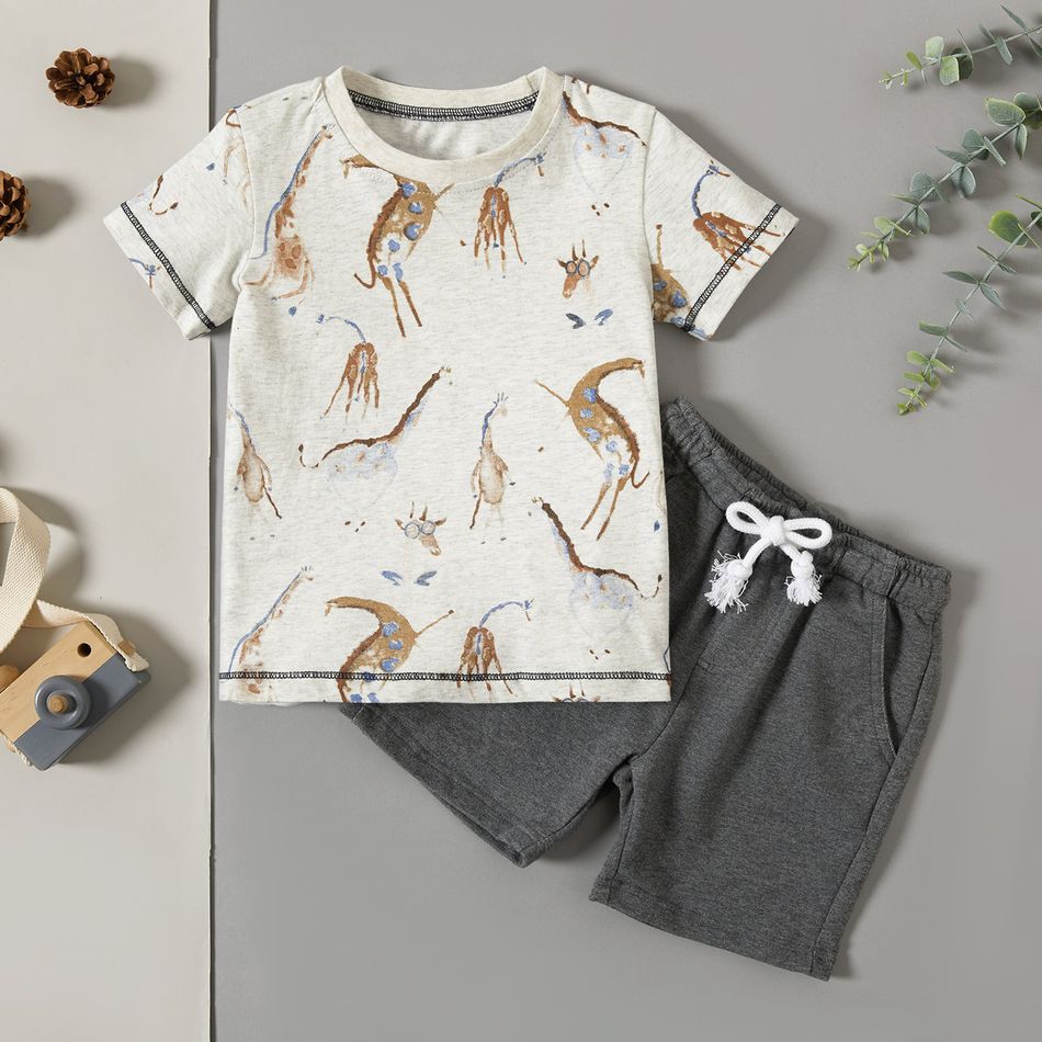 Toddler Boy Giraffe Tee and Shorts Casual Set Light Grey big image 1
