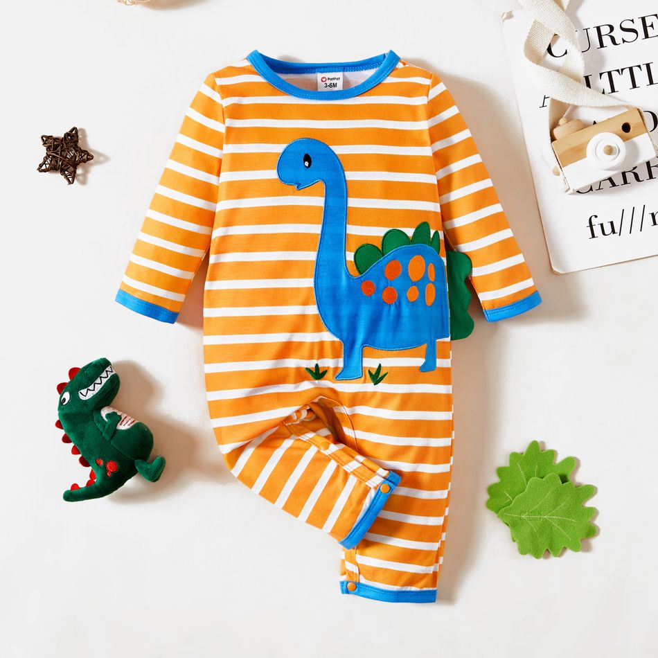 Baby Boy/Girl Cartoon Dinosaur Pattern Solid Striped Long-sleeve Jumpsuit Orange