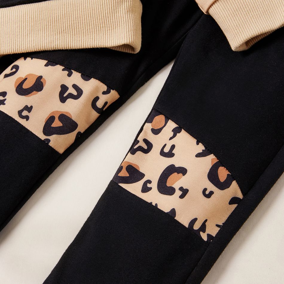 2-piece Kid Girl Letter Leopard Print Front-pocket Sweatshirt and Pants Set Khaki big image 2