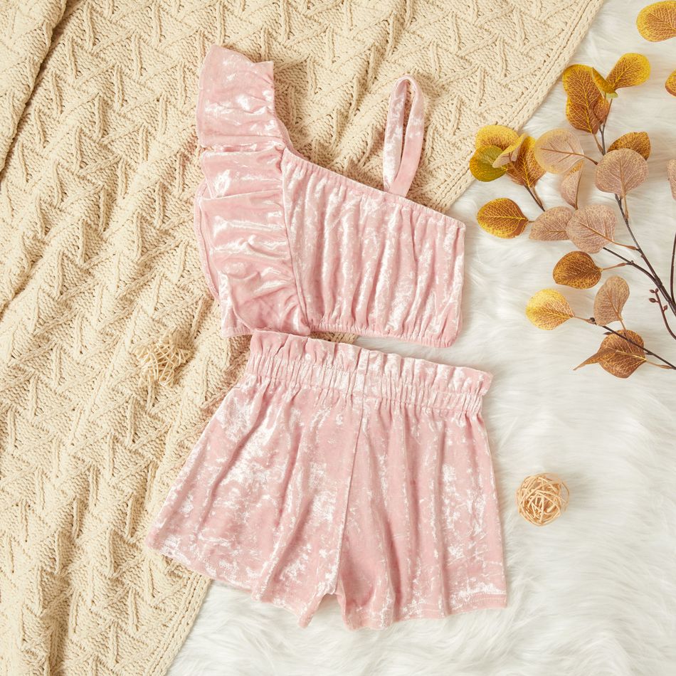 2-piece Toddler Girl One Shoulder Ruffled Strap Top and Bowknot Decor Elasticized Shorts Velvet Set Pink big image 3