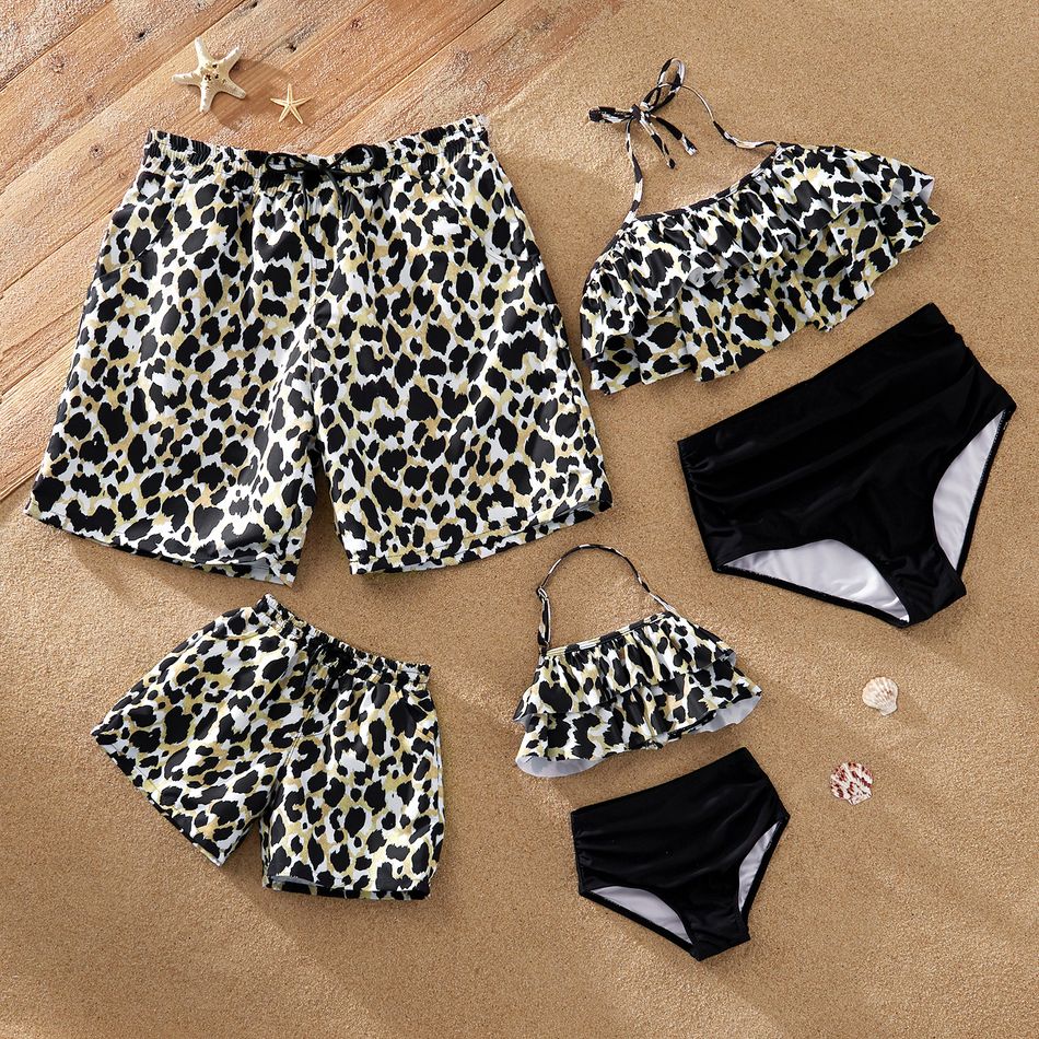 Halter Leopard Print Matching Swimsuits Khaki