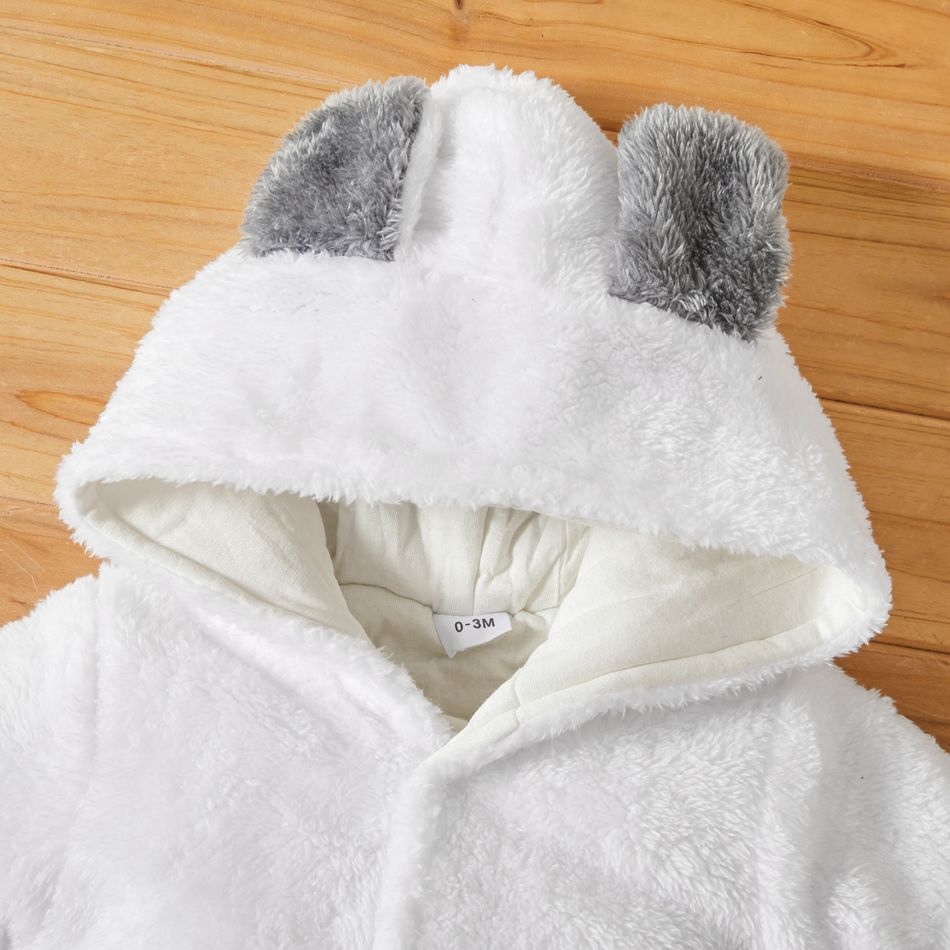 Solid Hooded 3D Bear Design Long-sleeve Baby Jumpsuit White big image 4