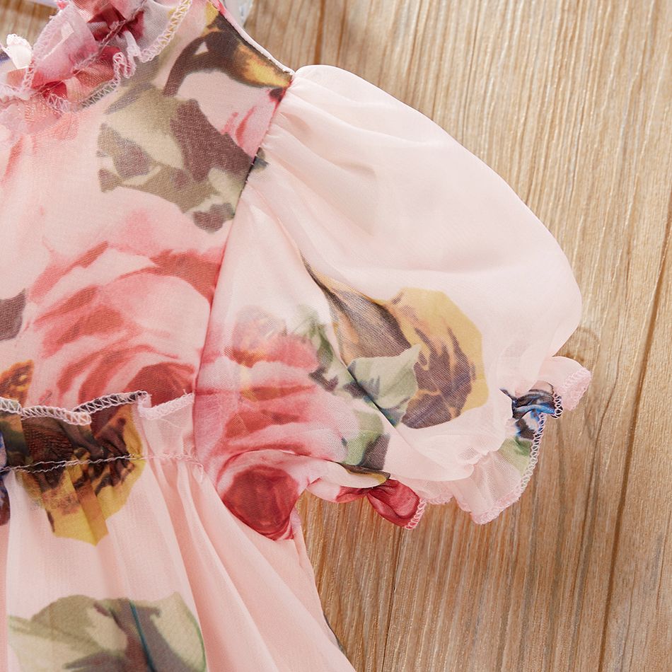 Floral Print Ruffle Collar Puff-sleeve Baby Dress Pink big image 3