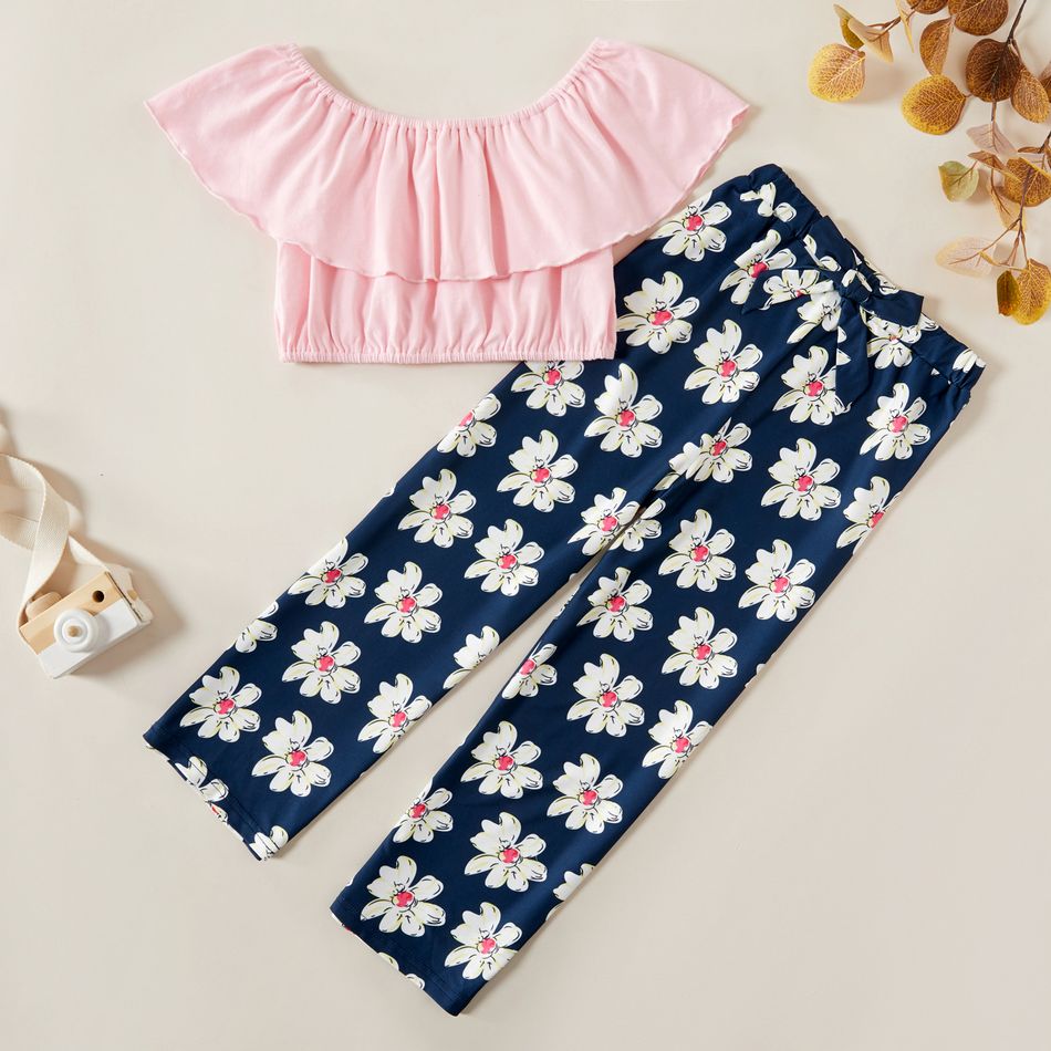 Kids Solid Ruffled Top and Floral Allover Pants Set Pink