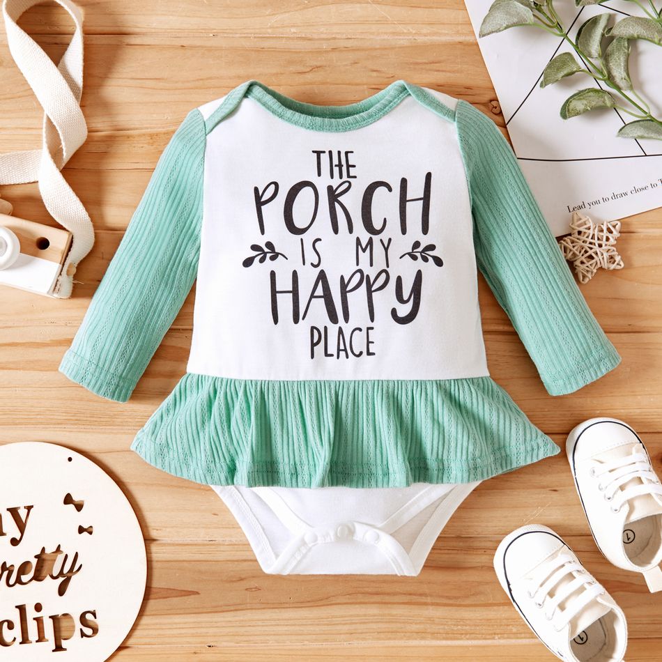 Baby Girl Letter Print Splicing Ribbed Long-sleeve Ruffle Romper Turquoise